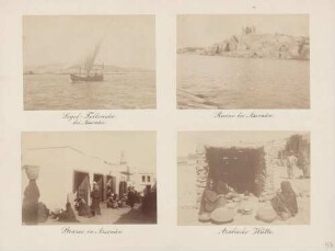 links oben: Felucke bei Assuan in Ägypten rechts oben: Ruine bei Assuan in Ägypten links unten: Strasse in Assuan in Ägypten rechts unten: Arabische Hütte in Assuan in Ägypten