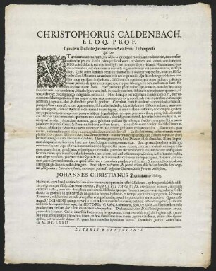 Christophorus Caldenbach, Eloq. Prof. Ejusdem studiosae Juventuti in Academia Tubingensi Sal. Dic.