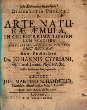 Dissertatio physica de arte naturae aemula