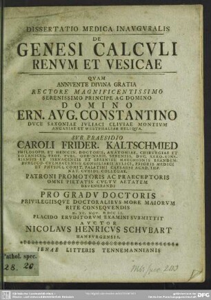 Dissertatio medica Inauguralis De Genesi Calculi Renum Et Vesicae