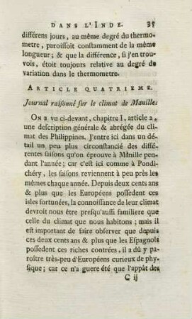 Article quatrieme. Journal raisonné sur le climat de Manille