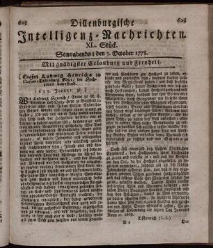 XL. Stück. Sonnabends: den 3. October 1778.