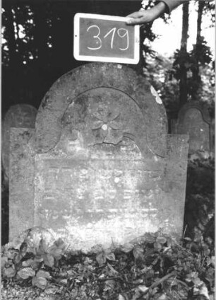 Grabstein 319 (Index: 99895686) Material: Sandstein Zustand: verwittert und bewachsen Maße HxBxT: 83x70x9 cm Beschreibung: Stele mit eingezogenem Rundbogenabschluss Symbolik: Blüte: Grabstein 319