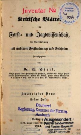 Kritische Blätter für Forst- und Jagdwissenschaft. 20. 1844/45