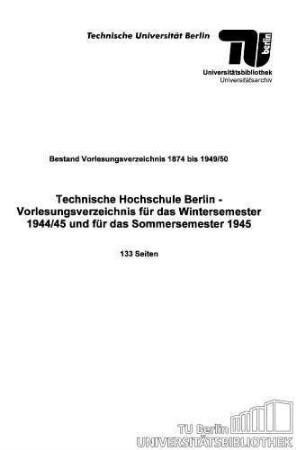 Vorlesungsverzeichnis für das Sommersemester 1944 und das Wintersemester 1944-1945