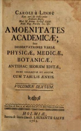 Caroli Linnaei Sac. Reg. Maj. Svec. Archiat. Med. ... Amoenitates Aacademicae Seu Dissertationes Variae Physicae, Medicae, Botanicae : Antehac Seorsim Editae Nunc Collectae Et Auctae ; Cum Tabulis Aeneis, 6