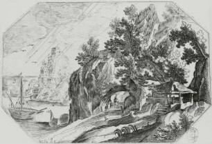 Landschaft mit einem über eine Holzbrücke gehenden Mann