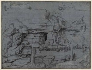 Einsiedler, vor einer Höhle sitzend (heiliger Antonius?)