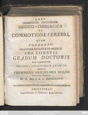 Dissertatio Inauguralis Medico-Chirurgica De Commotione Cerebri