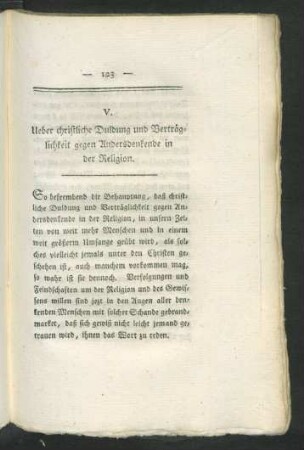 V. Ueber christliche Duldung und Verträglichkeit gegen Andersdenkende in der Religion
