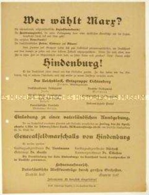 Ankündigung einer Kundgebung des Lichtenberger Reichsblocks am 24. April 1925 und Aufruf zur Wahl Paul von Hindenburgs zum Reichspräsidenten