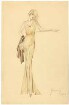 Modenzeichnung: Dame in eleganter Abendrobe, zart gestreiftes Kleid mit ockerbrauner Stola