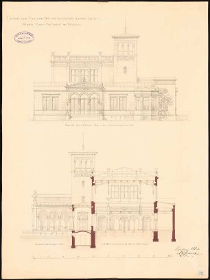 Vereinshaus des Künstlervereins »Malkasten«, Düsseldorf Entwurf D: Aufriss Südwestseite, Querschnitt mit Gartenansicht des Flügels; Maßstabsleiste