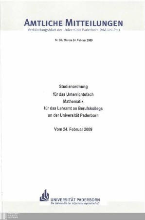 Studienordnung für das Unterrichtsfach Mathematik für das Lehramt an Berufskollegs an der Universität Paderborn : vom 24. Februar 2009