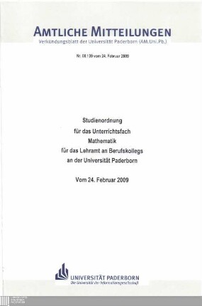 Studienordnung für das Unterrichtsfach Mathematik für das Lehramt an Berufskollegs an der Universität Paderborn : vom 24. Februar 2009