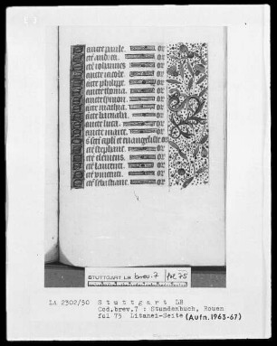 Lateinisch-französisches Stundenbuch (Livre d'heures) — Initiälchen S und Teilbordüre, Folio 75recto