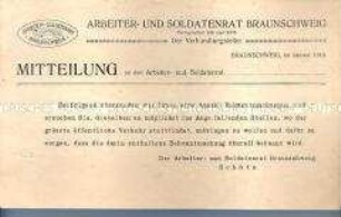 Rundschreiben an die Arbeiter- und Soldatenräte zur Anbringung von Maueranschlägen