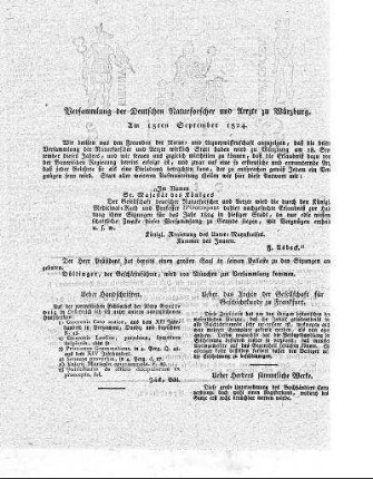 Versammlung der Deutschen Naturforscher und Aerzte zu Würzburg : Am 18ten September 1824