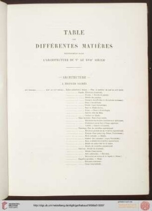 Table des différentes matières