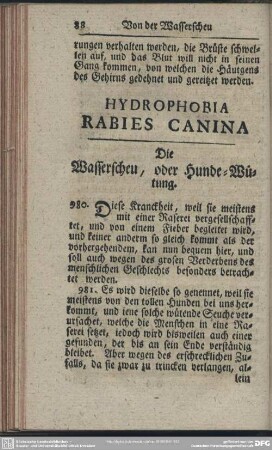 Hydrophobia Rabies Canina : Die Wasserscheu, oder Hunde-Wütung