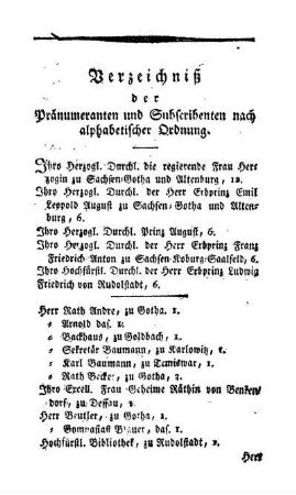 Verzeichniß der Pränumeranten und Subscribenten nach alphabetischer Ordnung.