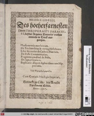 MEDICI LIBELLI,|| Des hocherfarnesten || Herrn THEOPHRASTI PARACEL=||SI, beyder Artzeney Doctoris/ vorhin || niemals in Truck aus-||gangen.|| Physionomia morborum.|| De Terebinthina & vtroq; Helleboro.|| Liber secundus de Caduco Matricis.|| De Peste Commentarius.|| Fragmentum aliud de Peste.|| De ligno Guaiaco.|| Explicatio aliquot Aphorismorum Hip-||pocratis.|| ... ||[Hrsg.v.(Balthassar Floeter ||)]