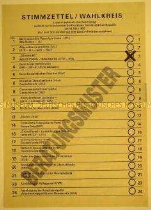 Propagandaflugblatt des Bündnis 90 zur Volkskammerwahl 1990 im Layout eines Stimmzettels