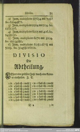 Divisio Die Abtheilung, Lehret eine grössere Zahl durch eine kleinere eintheilen