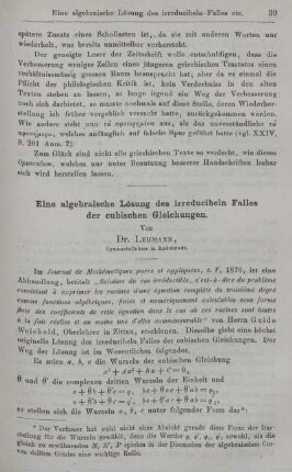 Eine algebraische Lösung des irreducibeln Falles der cubischen Gleichungen.