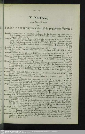 X. Nachtrag zum Verzeichnisse der Bücher in der Bibliothek des Pädagogischen Vereins