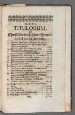 Index Titulorum, Der churfl. Brandenb. HinterPommer. Hoff-Gerichts-Ordnung