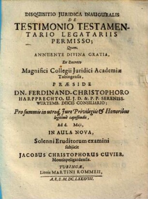Disquisitio Juridica Inauguralis De Testimonio Testamentario Legatariis Permisso