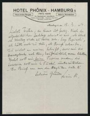 Brief von Raoul Hausmann an Elfriede Hausmann. Hamburg. Briefkopf: Hotel Phönix, Hamburg 5, Am Hauptbahnhof
