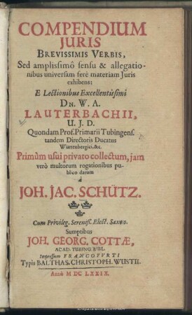 Compendium iuris brevissimis verbis : sed amplissimo sensu et alligationibus universam fere materiam iuris exhibens