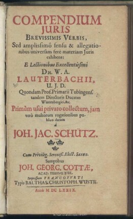 Compendium iuris brevissimis verbis : sed amplissimo sensu et alligationibus universam fere materiam iuris exhibens