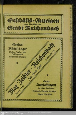 Anzeigen : Geschäfts-Anzeigen zum Adreßbuch der Stadt Reichenbach