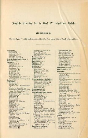 Sachliche Uebersicht der in Band IV enthaltenen Gesetze