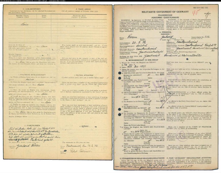 Entnazifizierung Gerhard Dueren , geb. 26.09.1892 (Gastwirt)