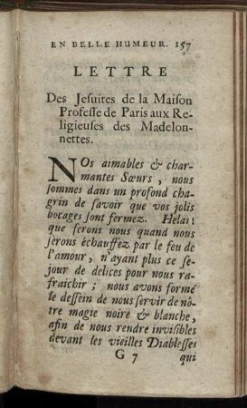 Lettre Des Jesuites de la Maison Professe de Paris aux Religieuses des Madelonnettes. - Lettres des Religieuses des Madelonnettes aux Reverends Peres Jesuites.