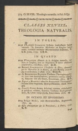 Classis XLVIII. Theologia Naturalis