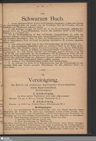 IX. Vereinigung, den Erwerb neu erscheinender Postwerthzeichen durch Kauf betreffend (Kaufvereinigung)