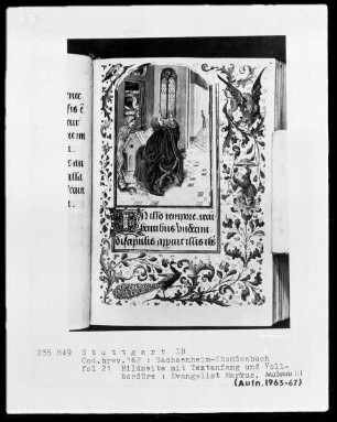 Lateinisches Stundenbuch (Sachsenheim-Gebetbuch) — Gerahmte Bildseite mit Textanfang, Folio 21recto