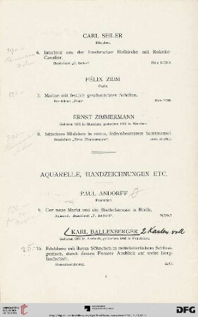 Aquarelle, Handzeichnungen etc. (Nr. 9 - 137)
