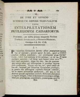 VI. De Iure Et Officio Summorum Imperii Tribunalium Circa Interpretationem Privilegiorum Caesareorum