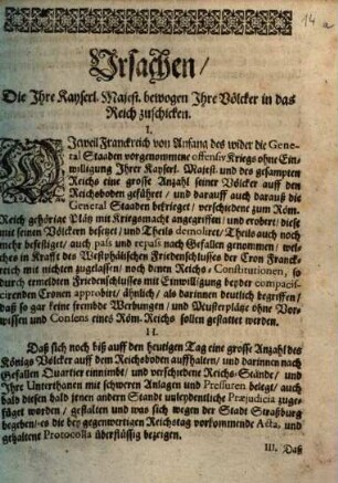 Ursachen Die Ihre Kayserl. Majest. bewogen Ihre Völcker in das Reich zuschicken