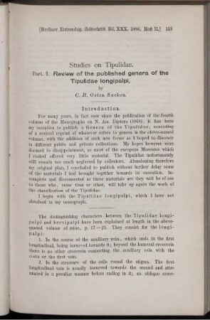 Studies on Tipulidae. Part. I. Review of the published genera of the Tipulidae longipalpi,