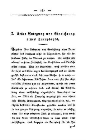I. Ueber Anlegung und Einrichtung eines Turnplatzes