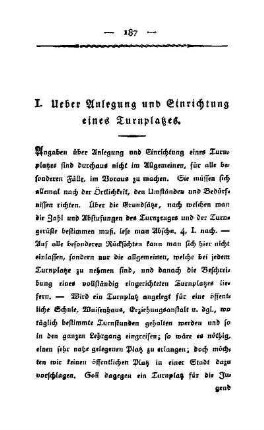 I. Ueber Anlegung und Einrichtung eines Turnplatzes
