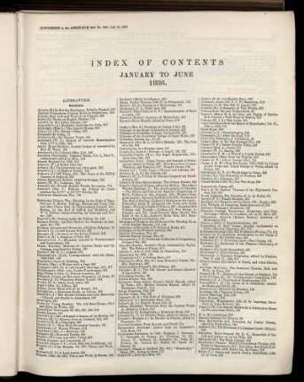 INDEX OF CONTENTS JANUARY TO JUNE 1886.