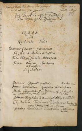 Sommerhalbjahr 1725. Rektorat Johann Conrad Creiling